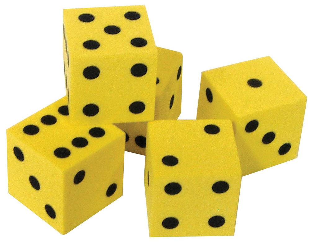 Teacher Created Resources foam traditional dice in bright yellow for classrooms and quiet play.