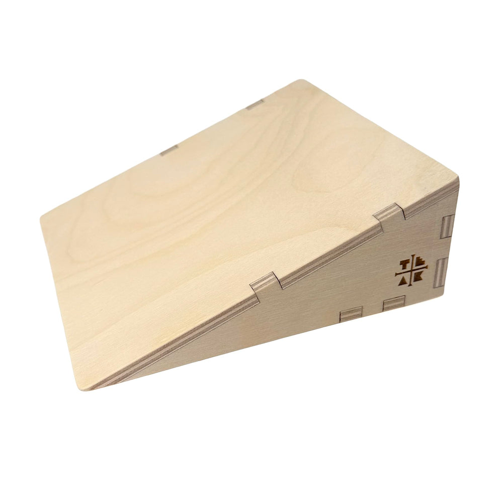 Teak Tuning Session wooden fingerboard ramp kicker, top view, smooth surface for clean tricks.