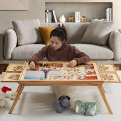 TEAKMAMA puzzle board offers a spacious 34W x 26.3D work surface for large puzzles