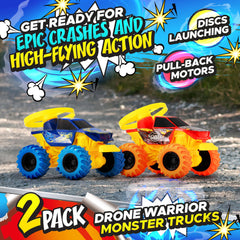 Team Power Drone Warrior battle trucks in action for head-to-head play with big air potential.