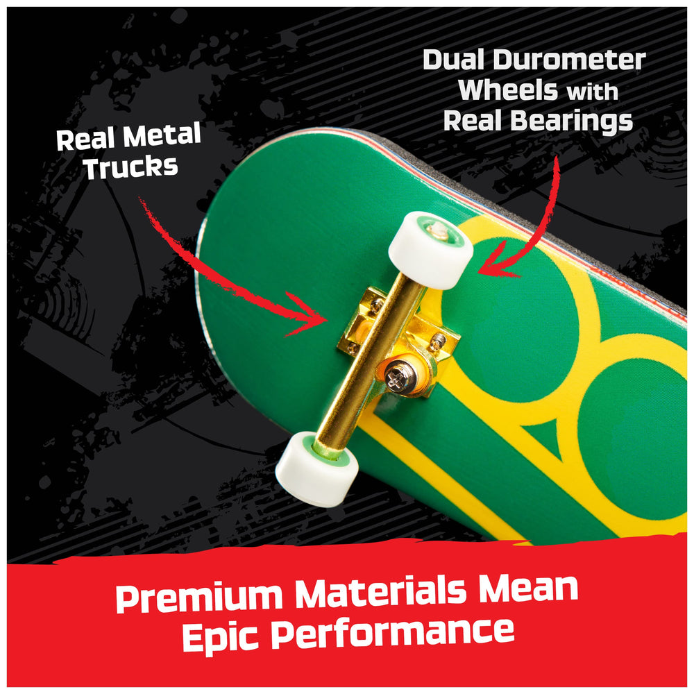 Dual durometer wheels with bearings enable smooth, controlled tricks.