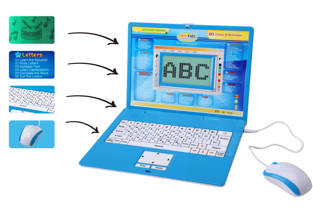 Tech Kidz Exploration Laptop backlight aids visibility in dim rooms