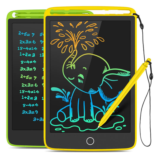 TECJOE 2 pack LCD writing tablet front view with yellow-green frame, bright and kid-friendly display for doodling