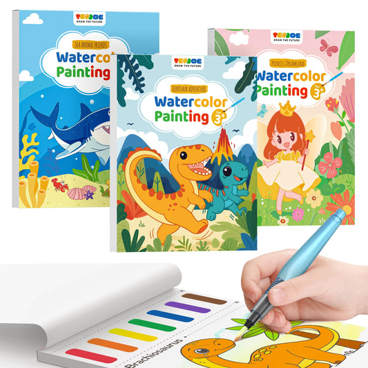 TECJOE 3-pack watercolor books featuring princess, dinosaur, sea themes for imaginative play.
