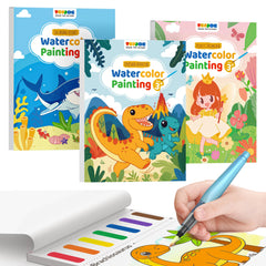 TECJOE 3-pack watercolor books featuring princess, dinosaur, sea themes for imaginative play.