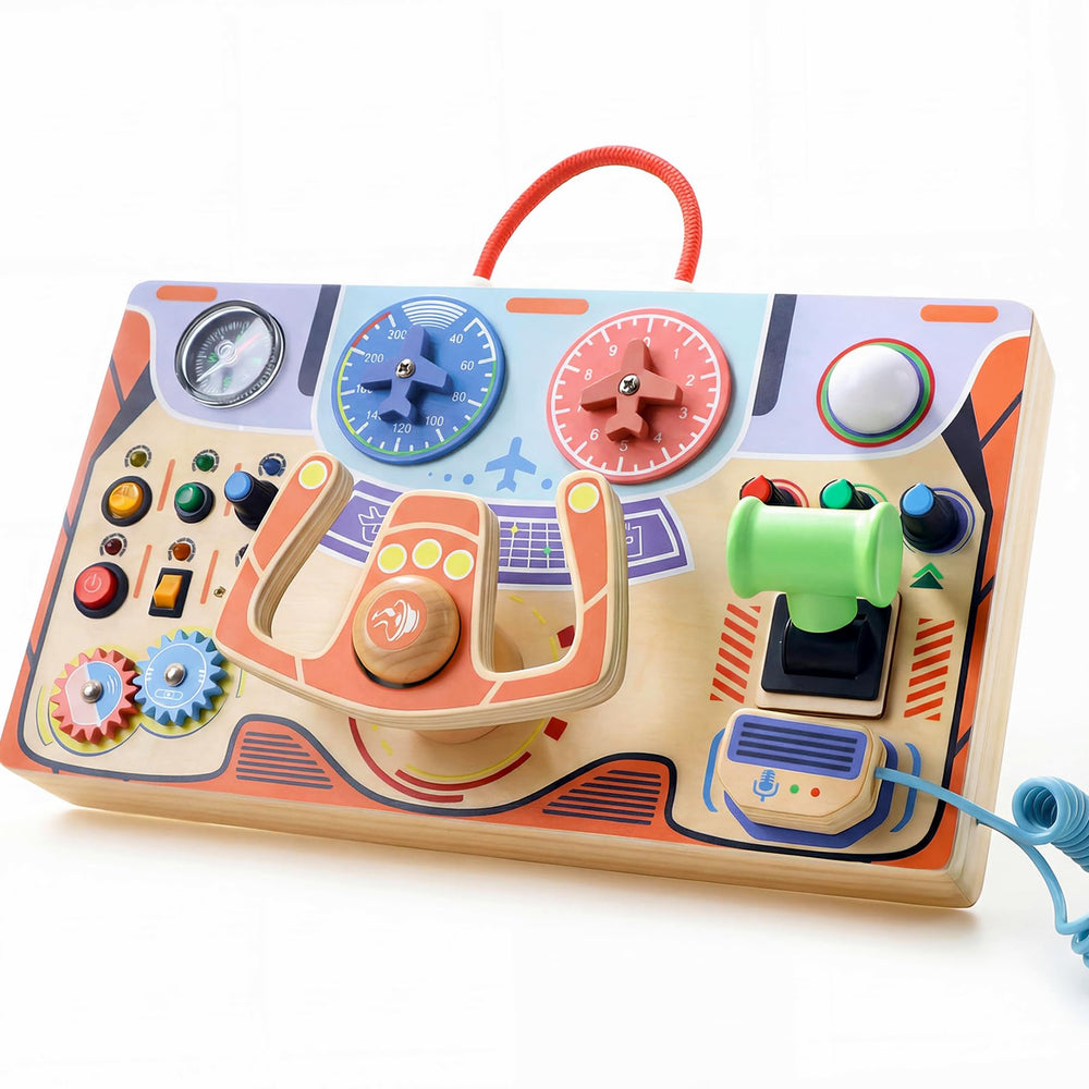 Teekdeer Montessori busy board with airplane steering wheel for tactile exploration.