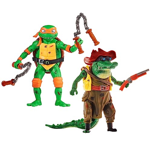 TMNT Michelangelo vs Leatherhead action figures with battle wear detail