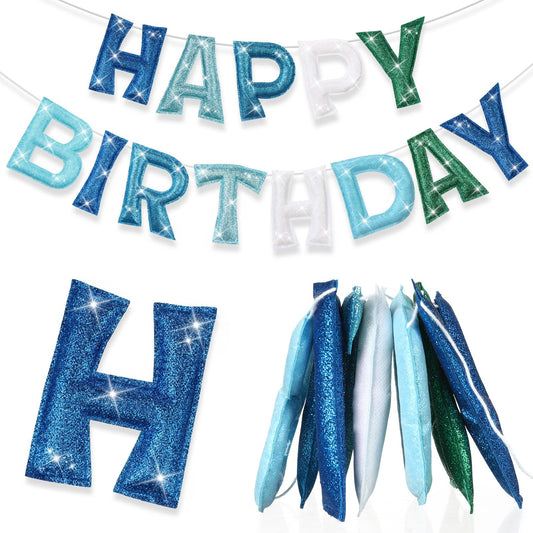 Tegeme felt happy birthday banner in teal glitter for reusable party backdrop.