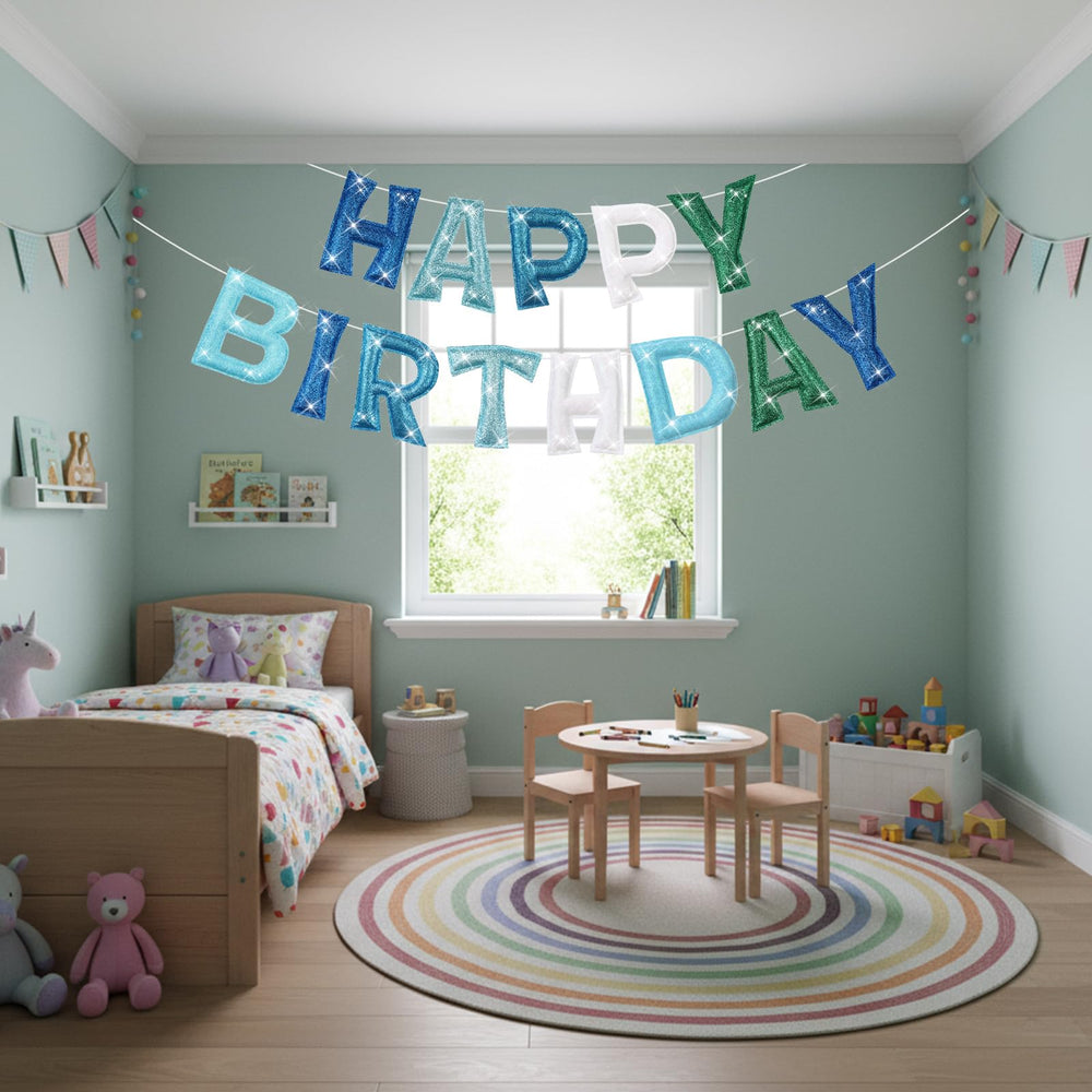 Tegeme reusable banner made from felt and glitter cloth.