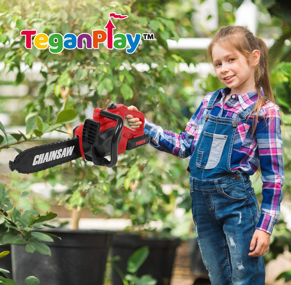 TeganPlay Power Garden chainsaw moves its blade for dynamic pretend play adventures.