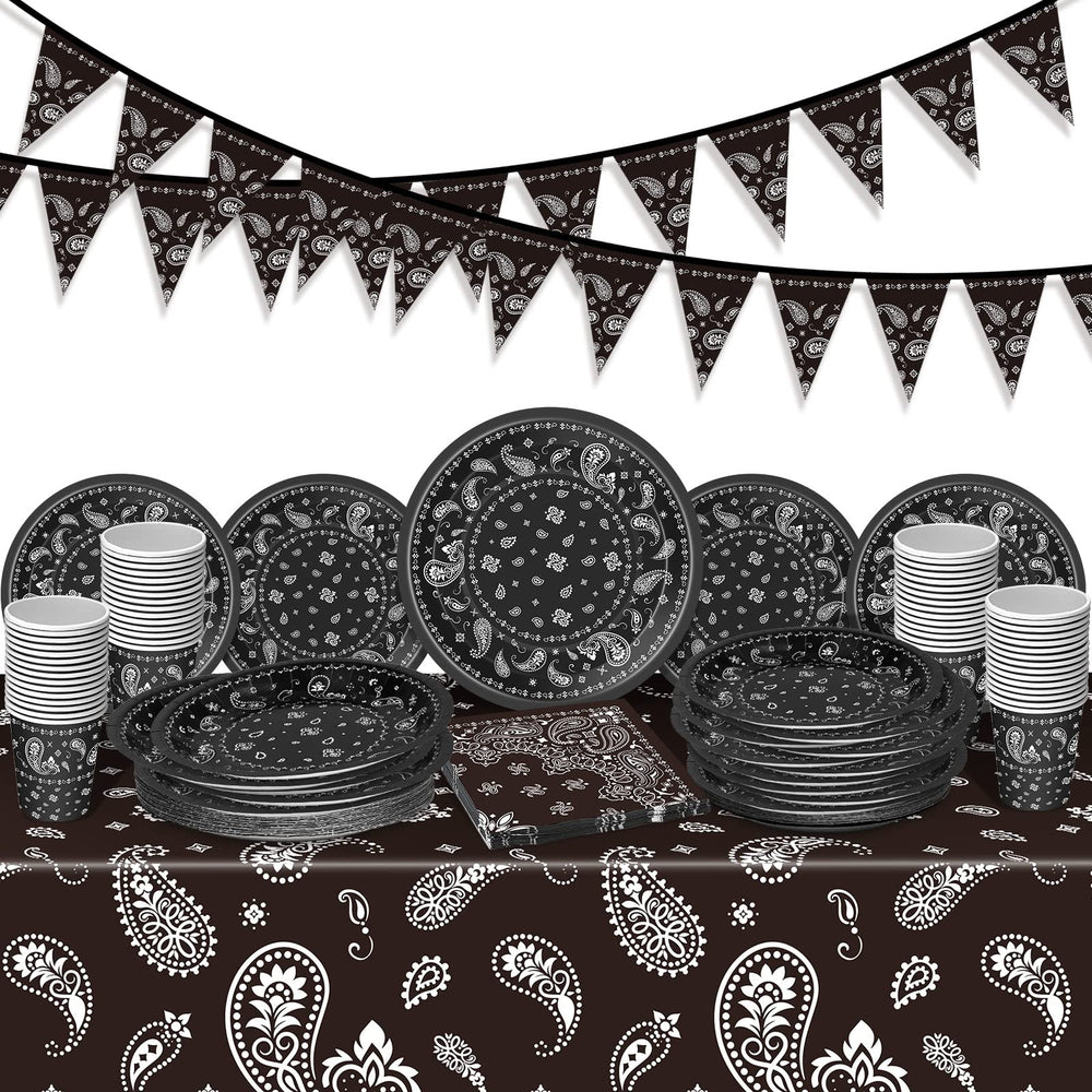Tegeme paisley tablecloth enhances western party ambiance with bold print.