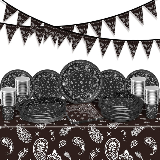 Tegeme paisley tablecloth enhances western party ambiance with bold print.