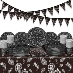 Tegeme paisley tablecloth enhances western party ambiance with bold print.