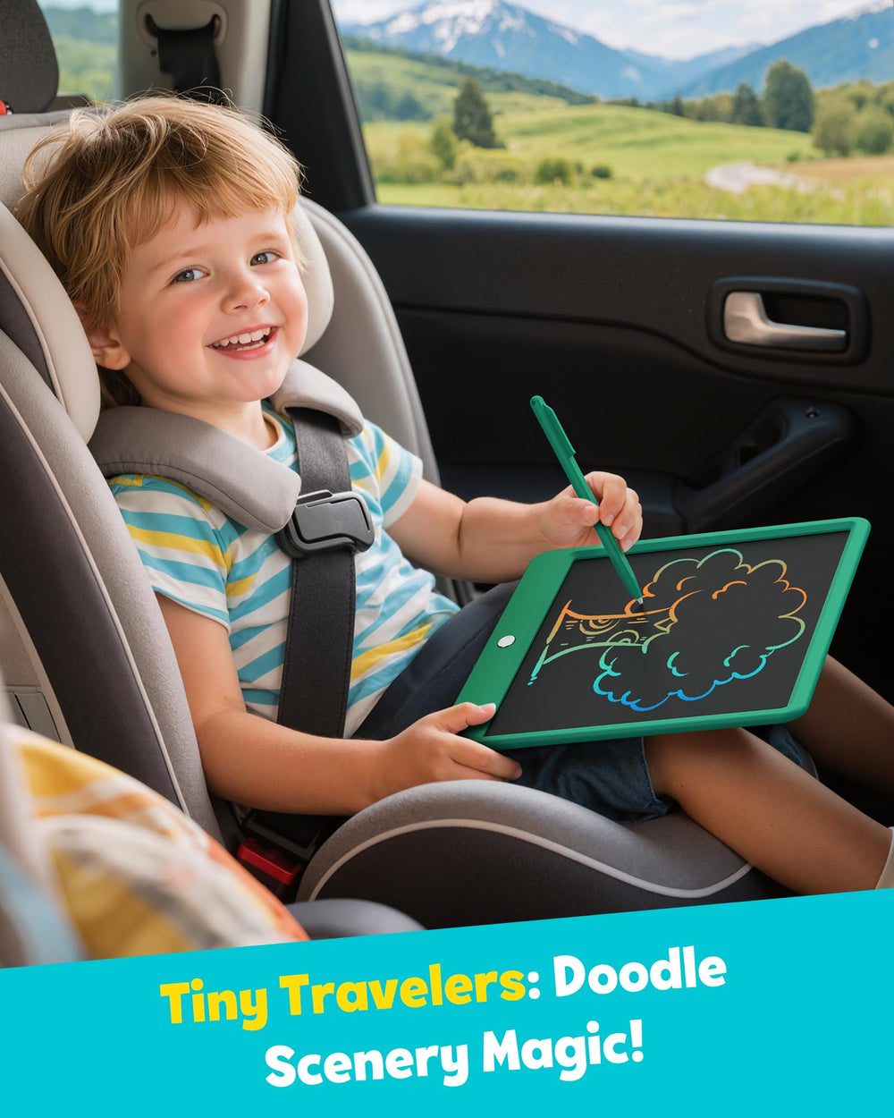 TEKFUN kids drawing on the green screen during a car ride