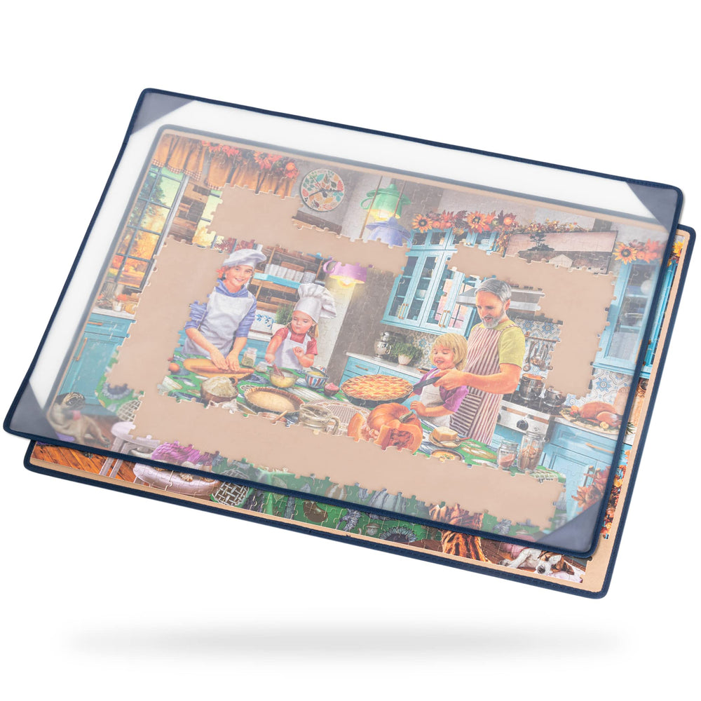 Tektalk jigsaw board with dustproof cover protecting unfinished puzzle from dust