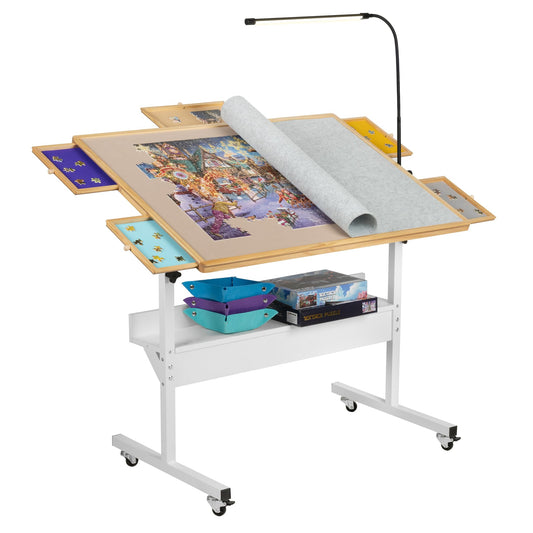 Tektalk Jigsaw table with LED lamp illuminates puzzles for easier placement.