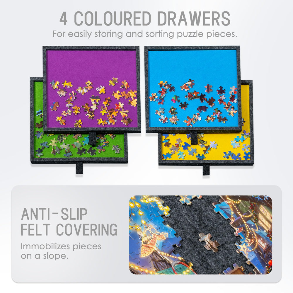 Four colored drawers organize and store puzzle pieces