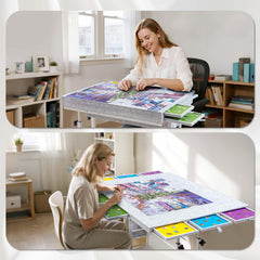 Tektalk puzzle table protects your workspace from dust and curious pets with covers.