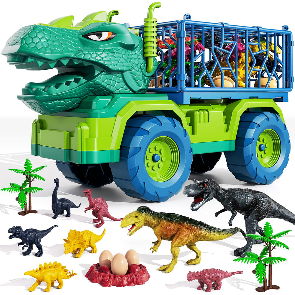 TEMI dinosaur truck front view with roaring head and large cage for capture play