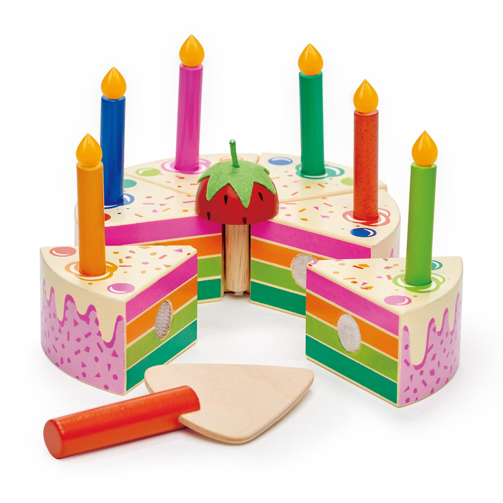 Tender Leaf Toys Rainbow Birthday Cake exterior adds color to pretend play celebrations.