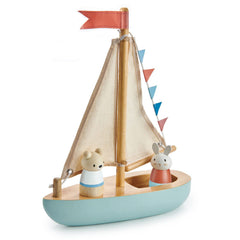 Tender Leaf Sailaway Boat sails close-up shows fabric sails for storytelling