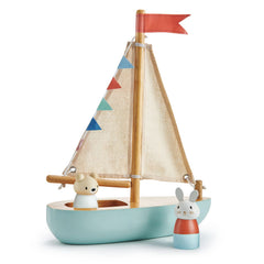 Tender Leaf Sailaway Boat wide shot highlights colorful wooden design for imaginative play