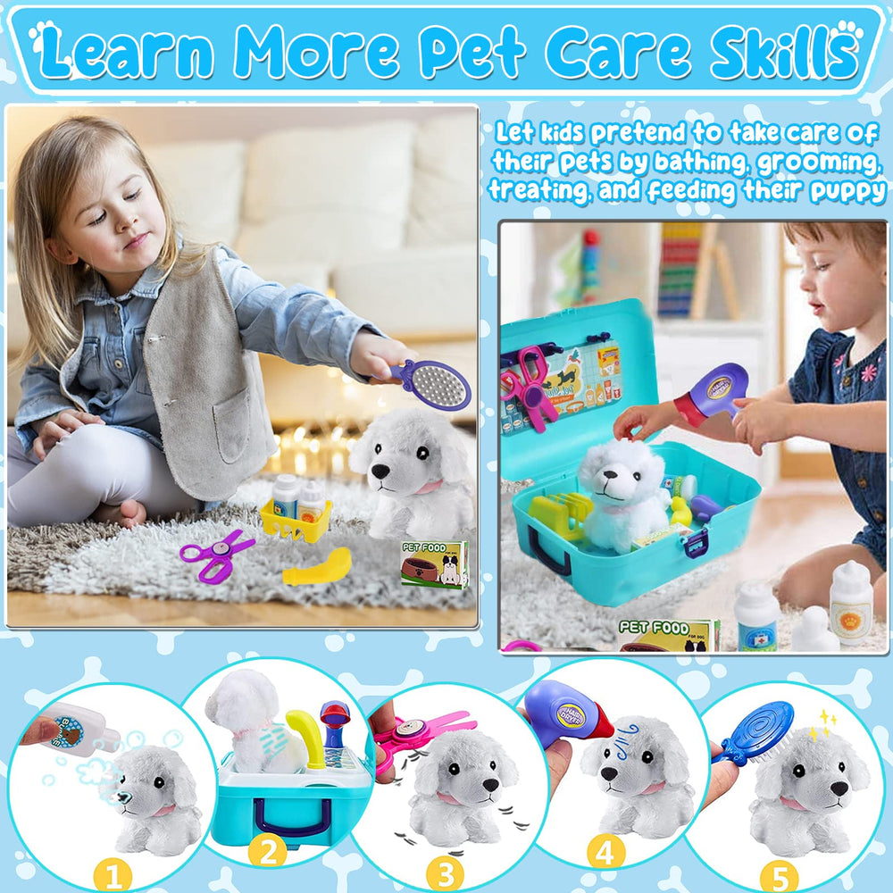 TEUVO Pet Care Playset activity board supports interactive grooming and feeding pretend tasks.