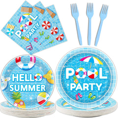 Tevxj 96-piece pool party tableware set with 9-inch plates for easy entertaining.