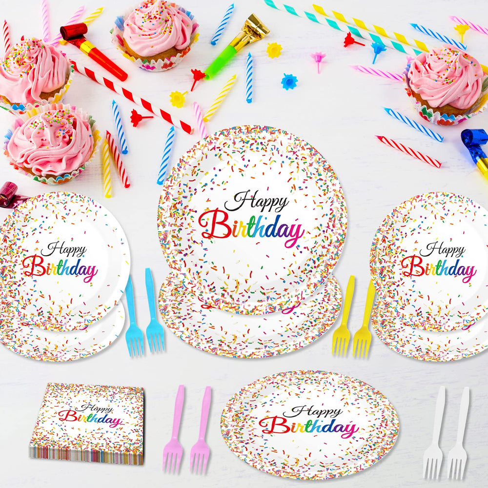 Tevxj confetti-sprinkles-plastic-forks provide colorful serving utensils for easy tabletop dining.