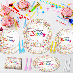 Tevxj confetti-sprinkles-plastic-forks provide colorful serving utensils for easy tabletop dining.