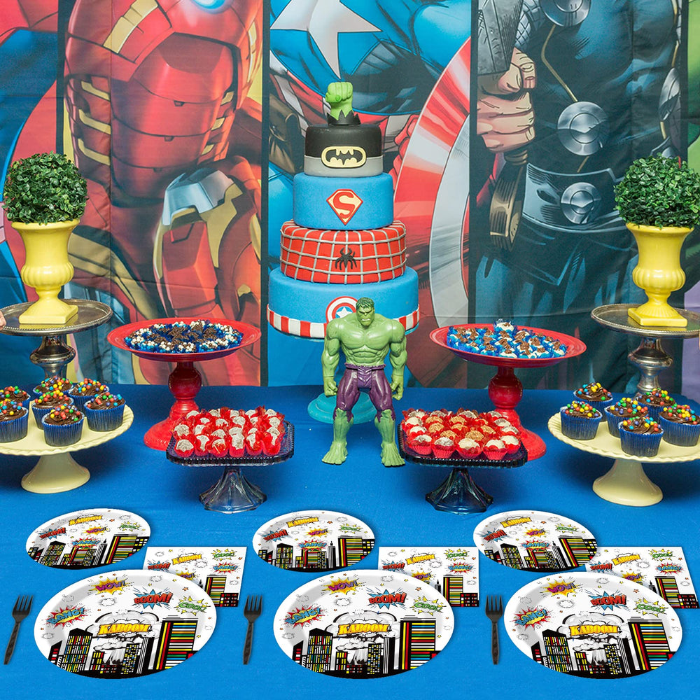 Tevxj hero party decor supplies cohesive look tying plates, napkins, and forks.