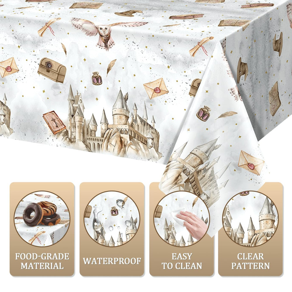 Tewess wizard tablecloth white background with brown and gold accents for elegant wizard decor.