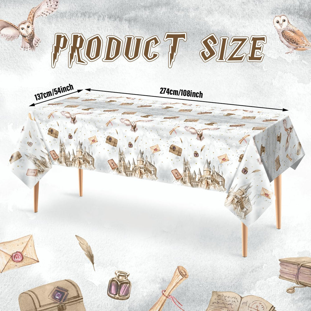 Tewess wizard tablecloth features quills and ink bottles for an authentic magic school vibe.
