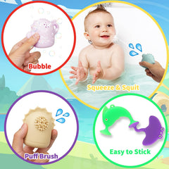 Texviko bath toys squeeze-squirt action enhances hand strength and color recognition.