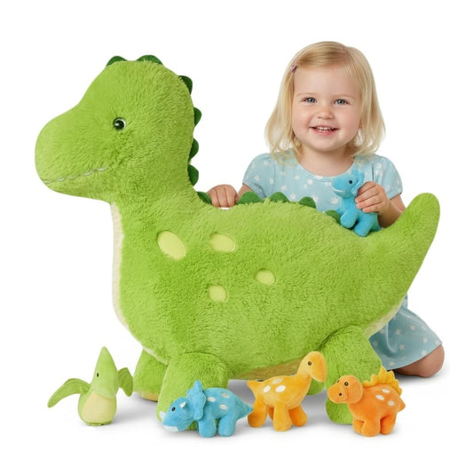Tezituor 26-inch green dinosaur with four babies for imaginative play and cozy decor