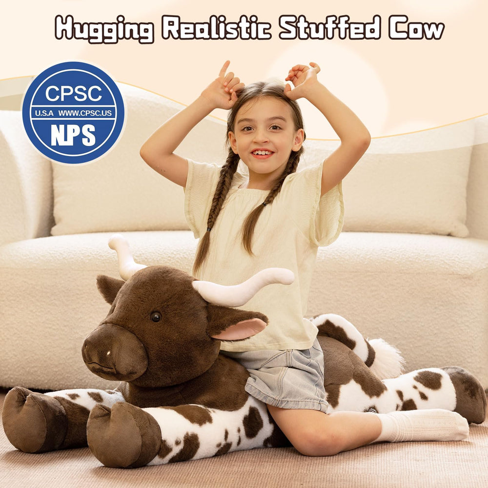Tezituor longhorn cow plush face close-up showing soft fur and friendly expression.