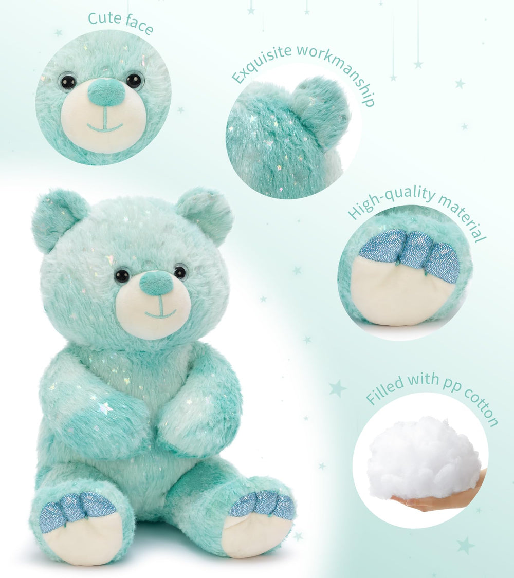 Tezituor rainbow bear sits securely on bed for play or display.