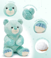 Tezituor rainbow bear sits securely on bed for play or display.
