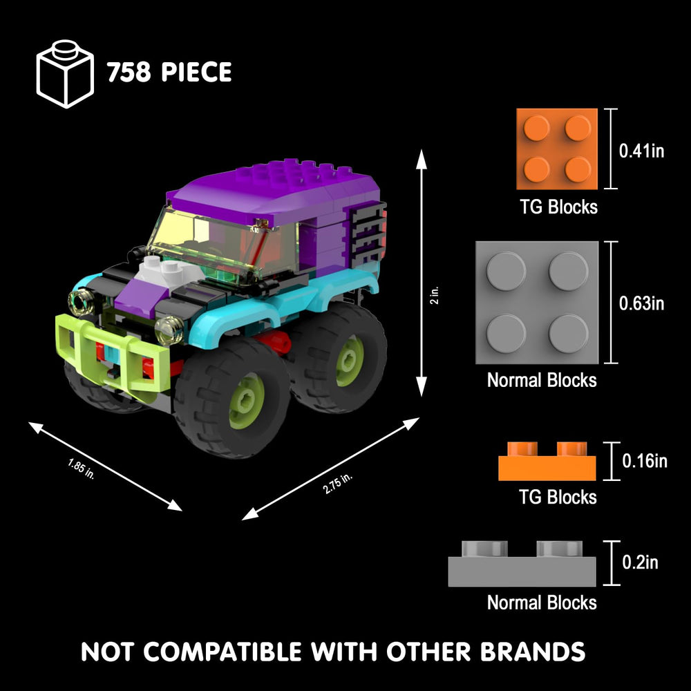 TG BLOCKS pull-back monster-truck action image shows fast floor racing fun.