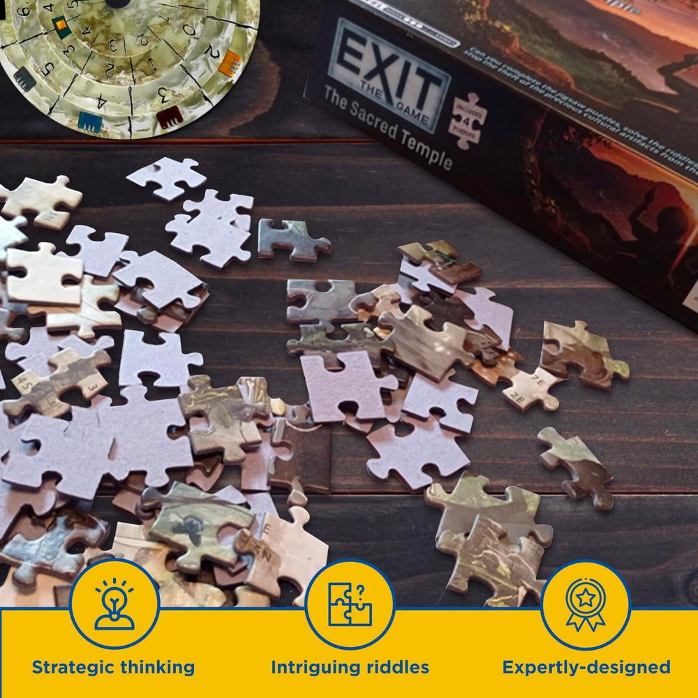 Game box contents show puzzles, clues, and manuals for setup.