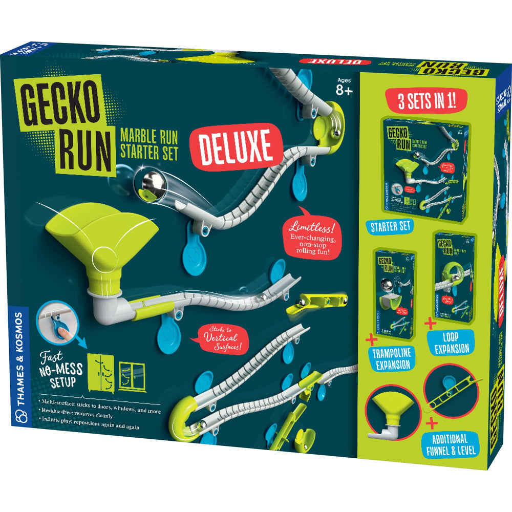 Thames & Kosmos Gecko Run Deluxe Starter Set on a smooth surface enables quick, mess-free setup.