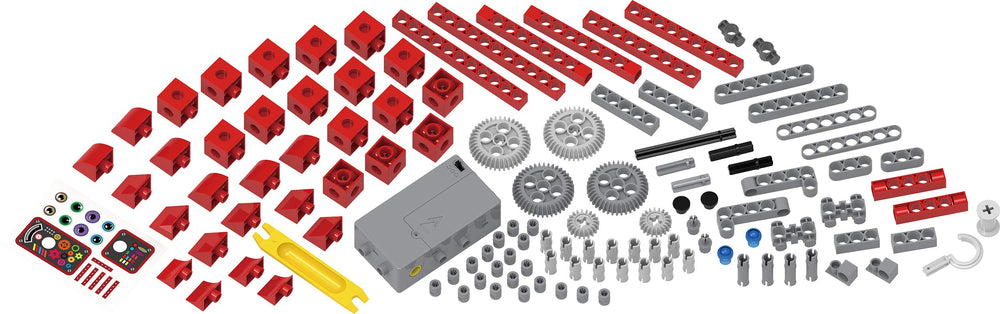 Thames & Kosmos Kids First Robot Factory motor-box: powers eight robot models for movement exploration.