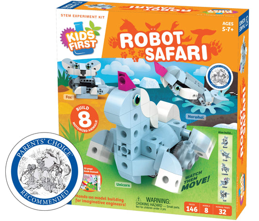 Thames & Kosmos Kids First robot safari unicorn model fosters imaginative play and fine motor skills.