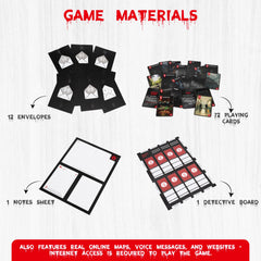 Masters of Crime Vendetta evidence cards enable collaborative deduction.