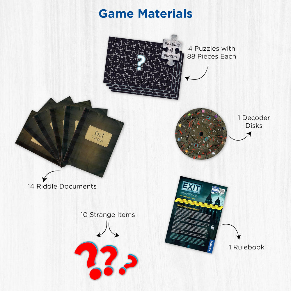 Thames & Kosmos Nightfall Manor puzzles laid out across the table for collaboration and progress.