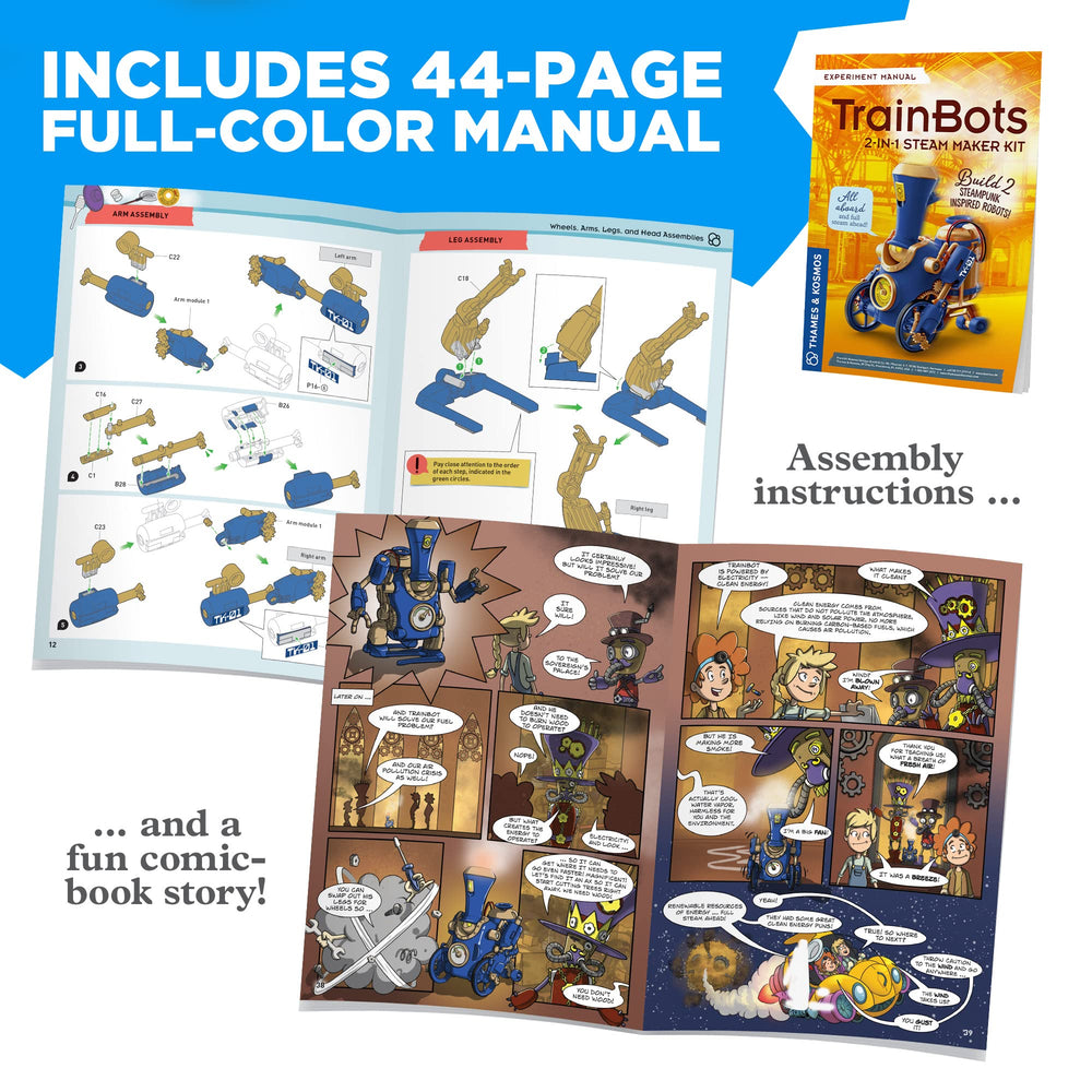 Thames & Kosmos TrainBots manual comic cover adding storytelling to assembly