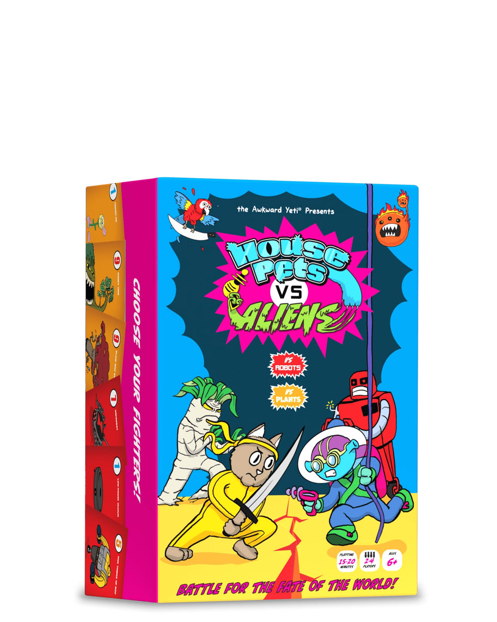 The Awkward Yeti House Pets vs. Aliens card game pack shot for family game night.