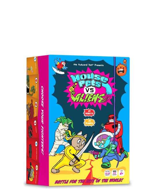 The Awkward Yeti House Pets vs. Aliens card game pack shot for family game night.