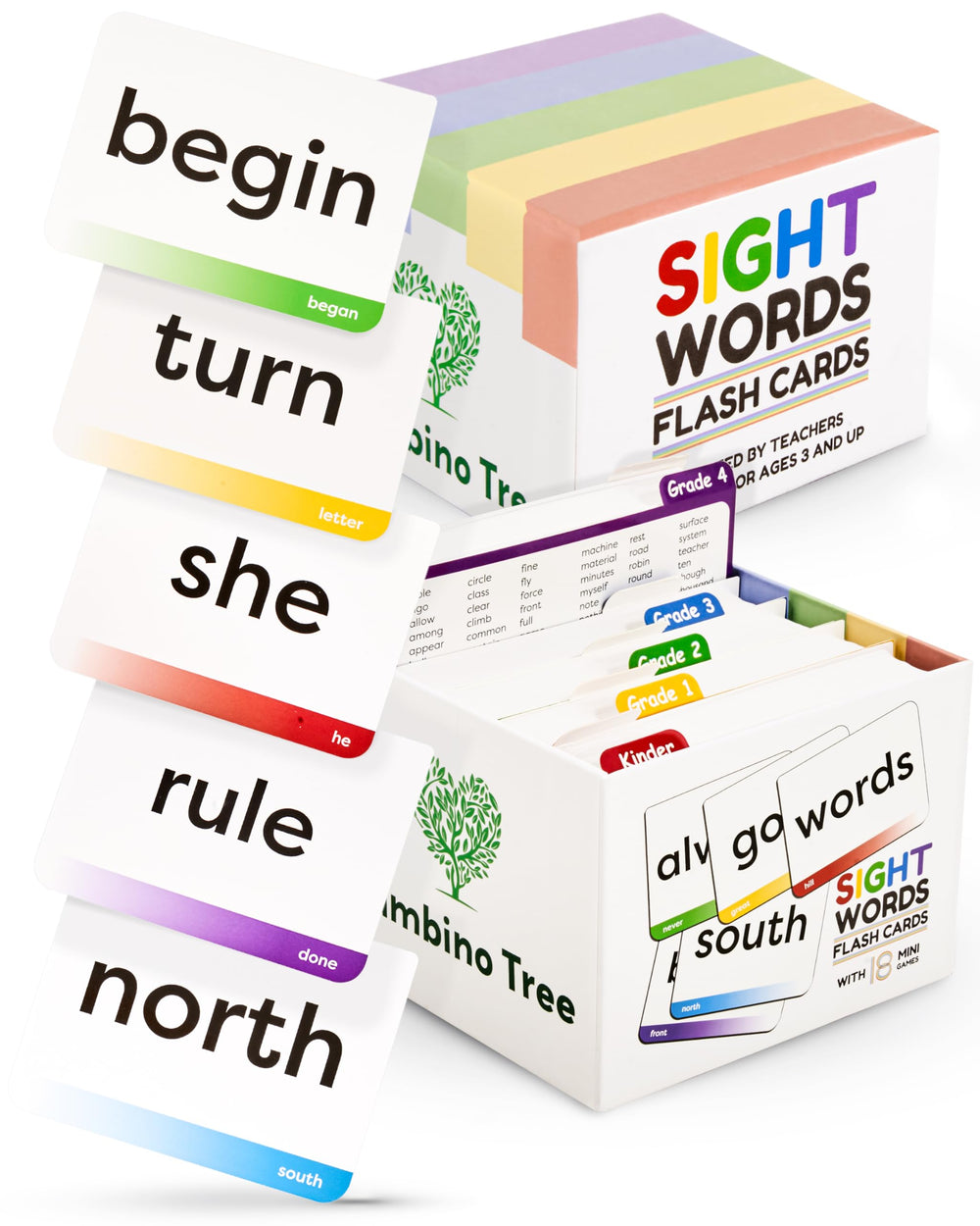 The Bambino Tree sight words flash cards set shown in a tidy learning space for home or classroom use.