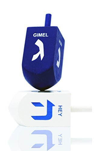 Close-up of The Dreidel Company blue and white 3-inch XL dreidel showing foil-embossed Hebrew letters.